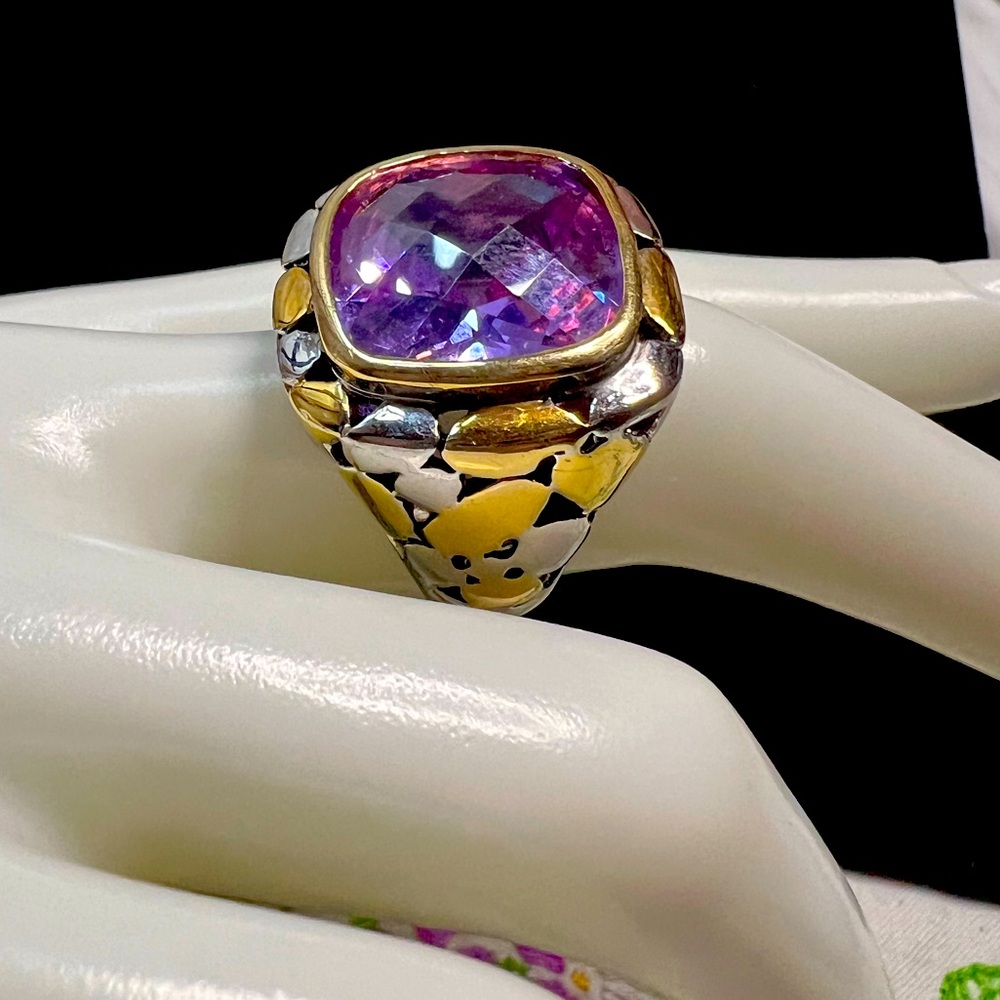 Amethyst CZ Ring Signed 18KGE GOLD & SILVER Size 9.25 Large Lavender Faceted WOW